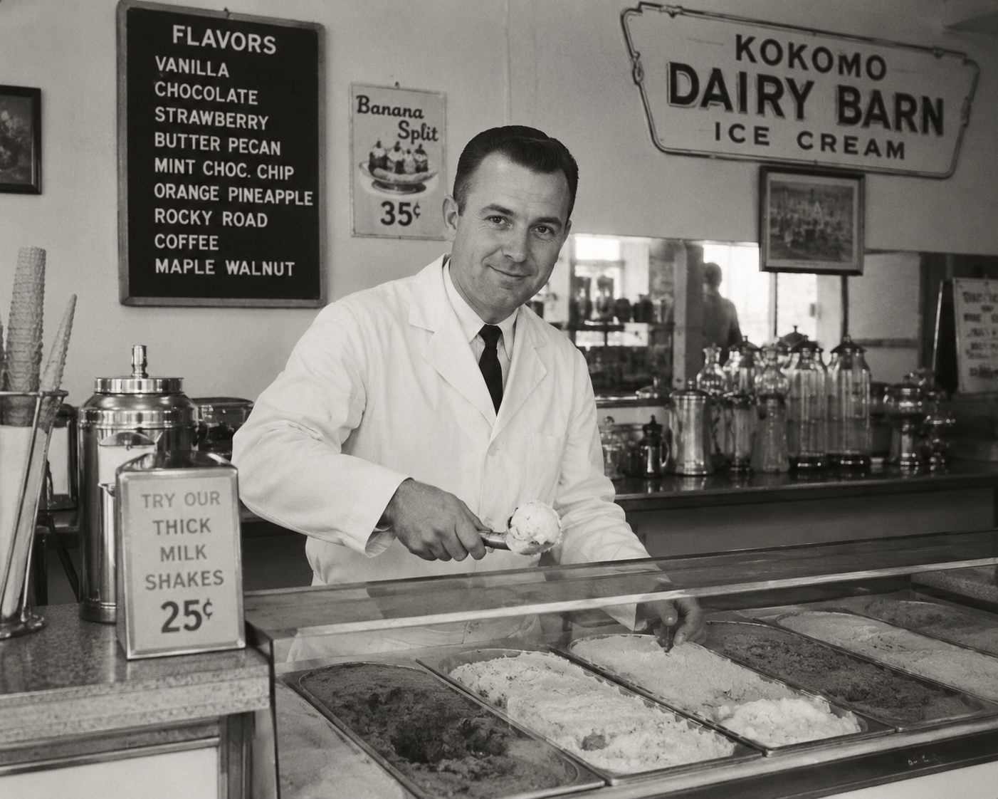 Jimmy Russo behind the counter at the Kokomo Dairy Barn, scooping ice cream, circa 1953